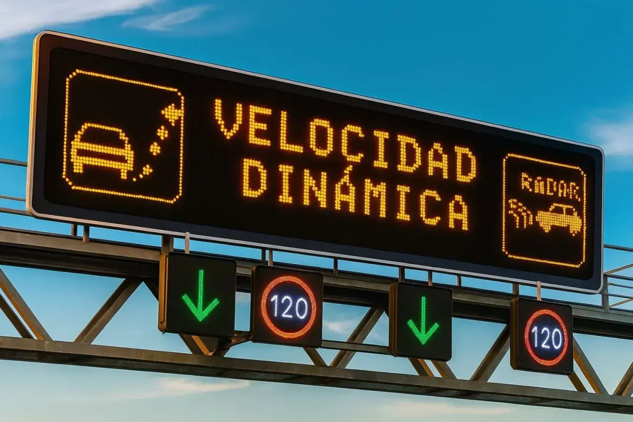 Panel luminoso muestra "VELOCIDAD DINÁMICA" y señales de tráfico con límites de velocidad de 120 km/h, indicando los límites de velocidad en Europa.