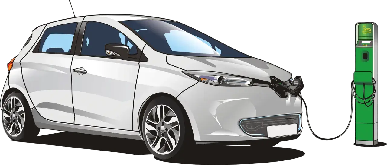 Un coche blanco moderno, uno de los coches eléctricos o híbridos, se está cargando en una estación verde.