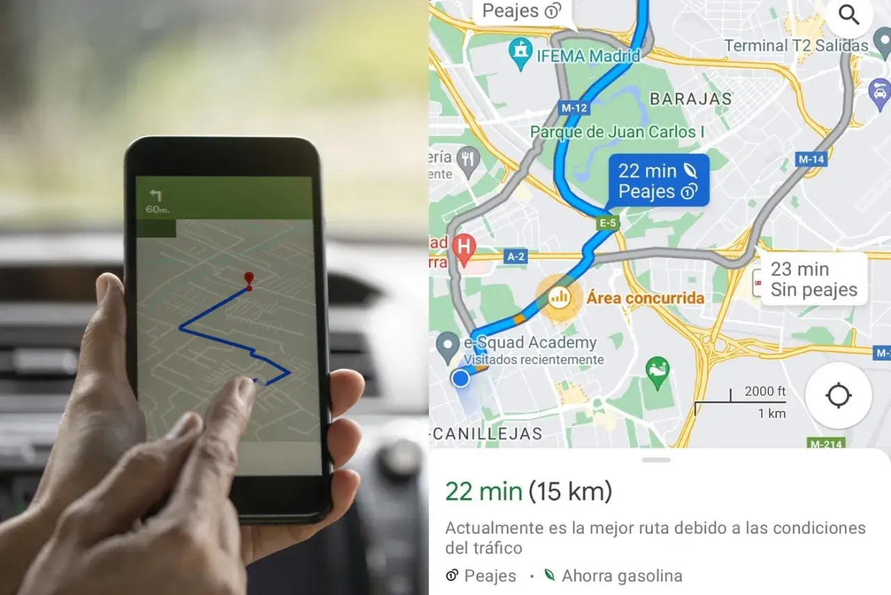Navegando por la ciudad, se muestra una ruta en el móvil con una distancia por carretera de 22 minutos.