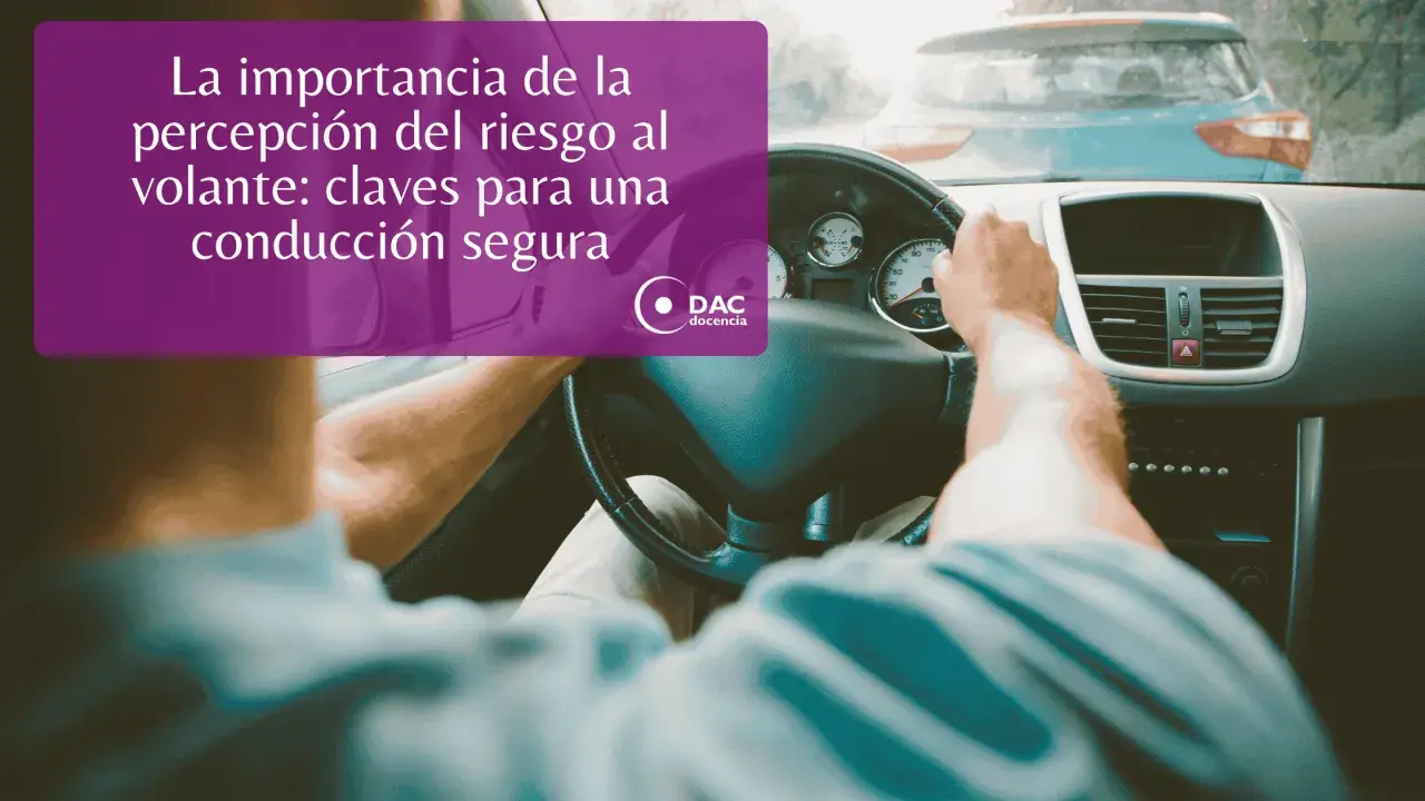 Persona al volante, observando el tráfico. El texto resalta la importancia de la percepción del riesgo y los factores de riesgo en la conducción para una seguridad vial.