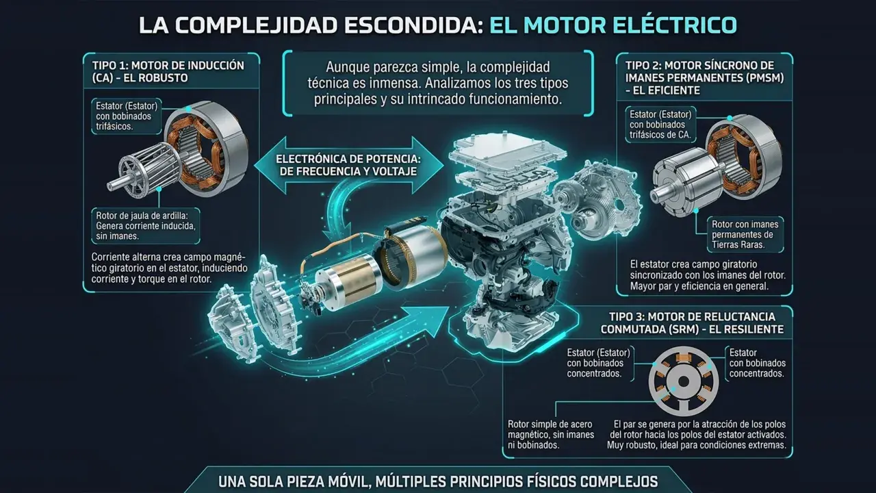 Diagrama explora la complejidad del motor coche eléctrico, detallando tres tipos: inducción, síncrono y reluctancia conmutada, sus componentes y funcionamiento.