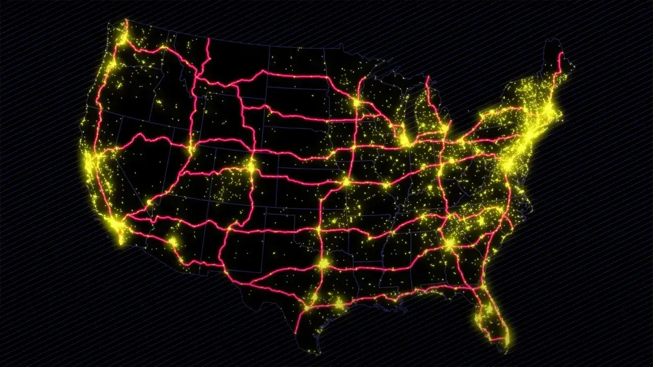 Mapa de EE.UU. con rutas de estación carga vehículos eléctricos iluminadas en rosa y ciudades en amarillo.