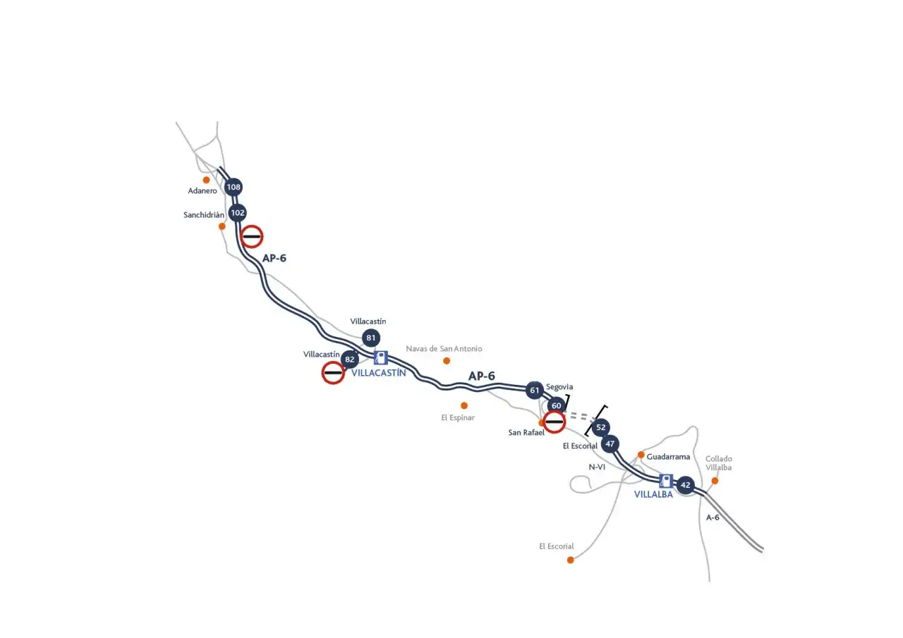 Mapa de la a6 autovía con puntos de interés como Villacastín, Segovia y Villalba. Incluye señalización de distancias y accesos.