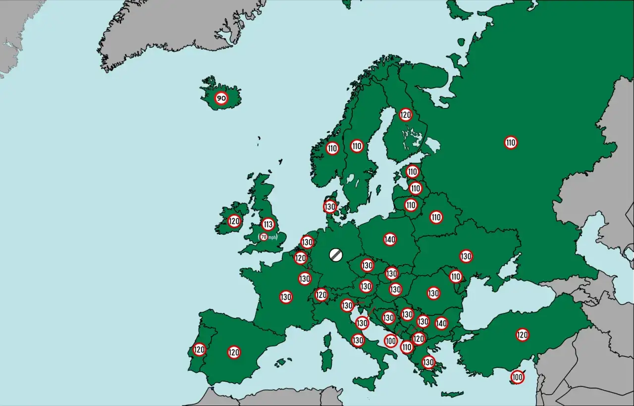 Mapa muestra los l&iacute;mites de velocidad en Europa, con cifras como 90, 110, 120, 130 y 140 km/h.