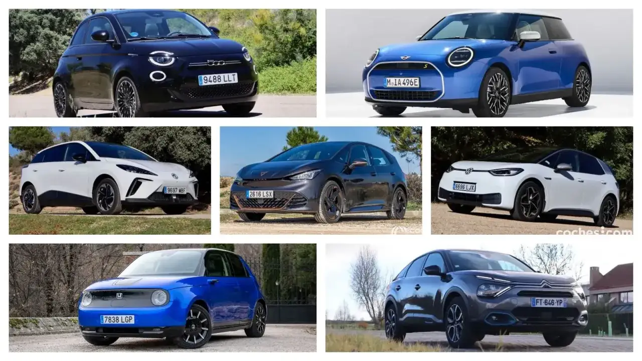 Diversos tipos de coches eléctricos: Fiat 500e, Mini Cooper SE, MG4, Cupra Born, VW ID.3, Honda e y Citroën ë-C4.