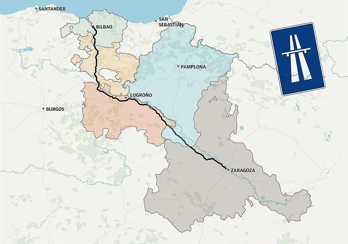 Mapa de la ruta de la A-12, que atraviesa La Rioja, conectando Burgos, Logro&ntilde;o y Zaragoza.