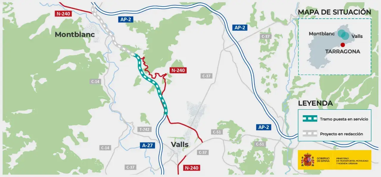Mapa de carreteras N-240 y AP-2 entre Montblanc y Valls, con tramos en servicio y en redacción.