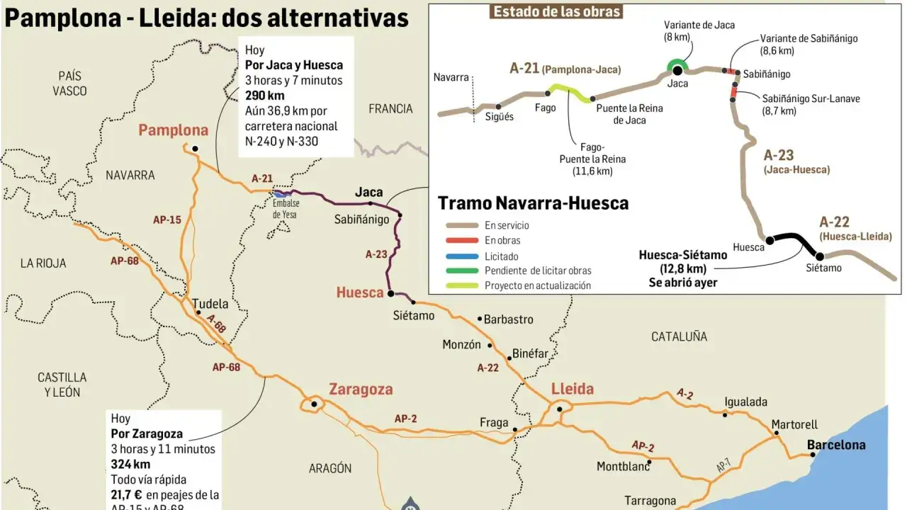 Mapa de la autopista Pamplona-Lleida, mostrando rutas y estado de obras. La autopista Pamplona Zaragoza gratis es una opci&oacute;n r&aacute;pida.