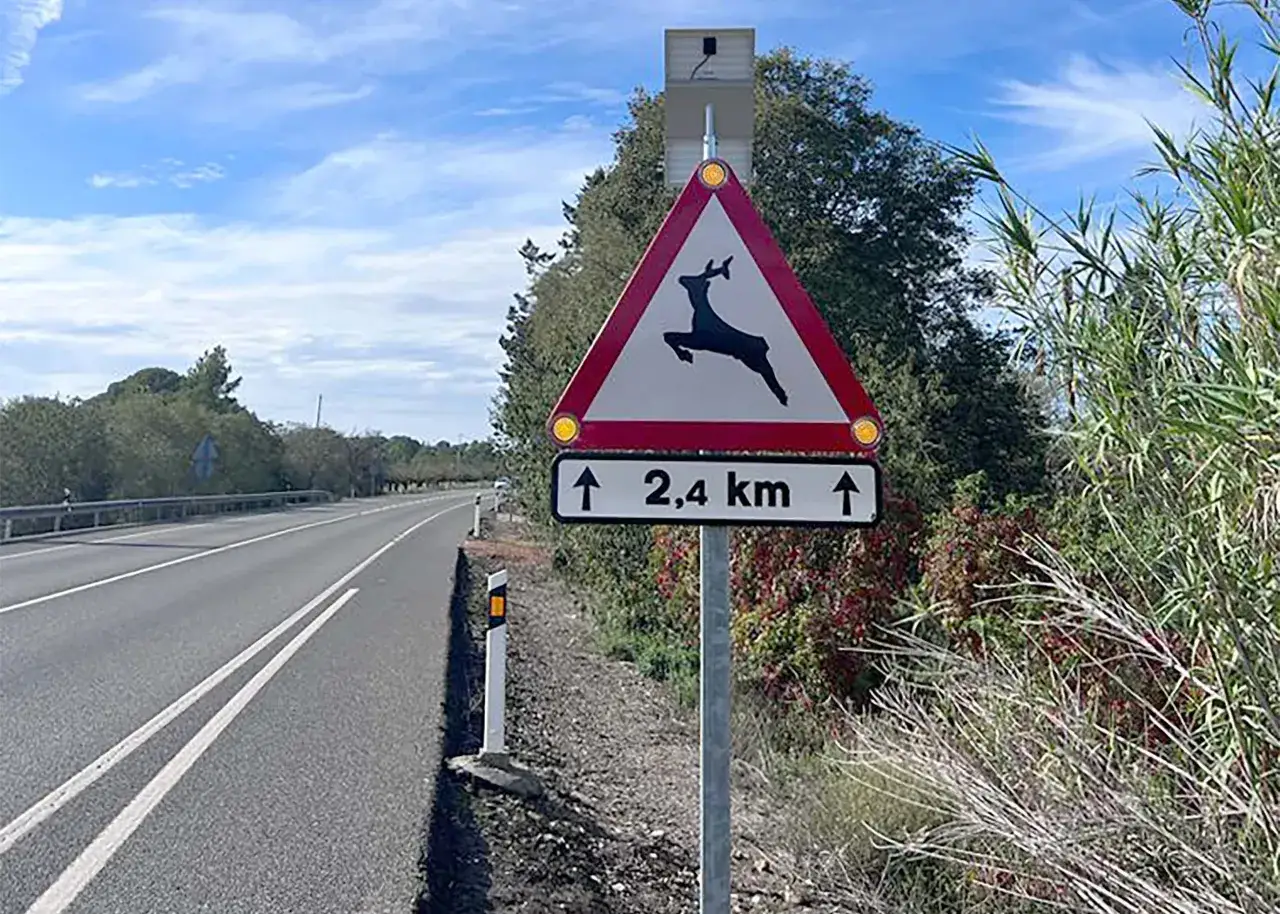 Señal de advertencia de ciervos en autopista, indicando peligro de accidente.