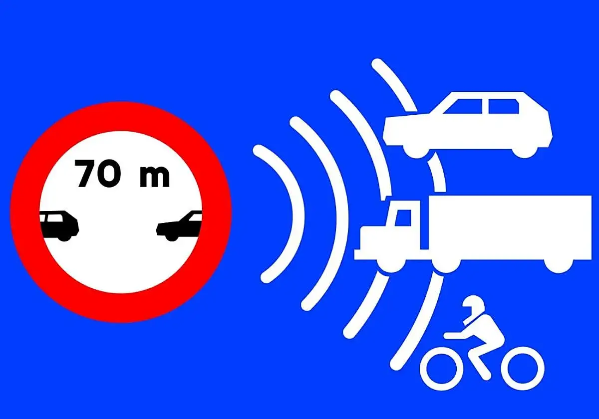 Señal de tráfico: prohibido superar los 70 m de distancia entre vehículos. Indica el minimo de velocidad en autopista para evitar colisiones.