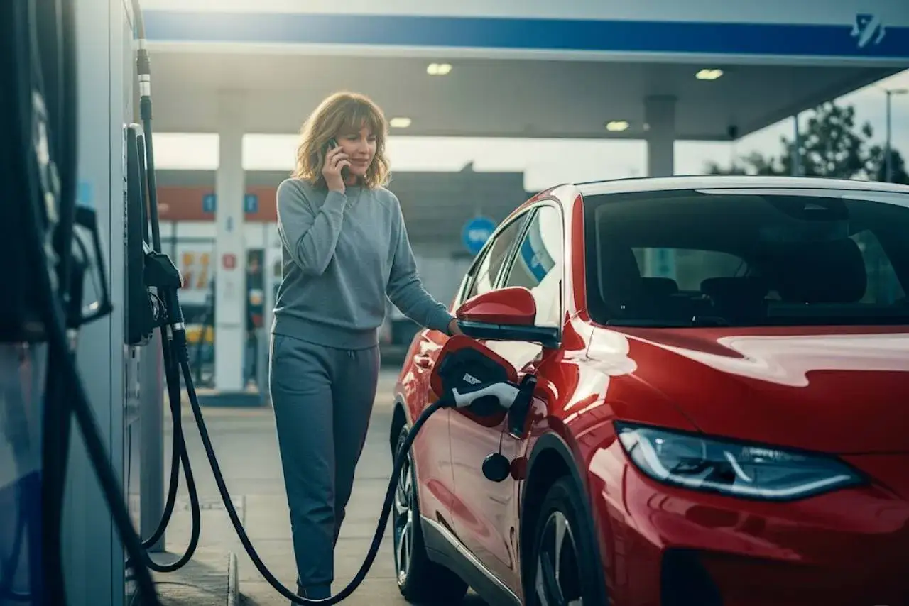 Mujer habla por teléfono mientras recarga su coche eléctrico rojo en una gasolinera. Se pregunta cuánto cuesta recargar un coche eléctrico en una gasolinera.