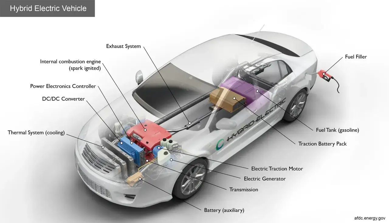 Diagrama de un veh&iacute;culo h&iacute;brido, mostrando motor de combusti&oacute;n, bater&iacute;a y motor el&eacute;ctrico. Ilustra la diferencia entre h&iacute;brido y mild hybrid.
