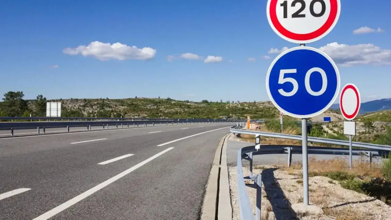 Se&ntilde;alizaci&oacute;n vial con l&iacute;mites de velocidad: 120 y 50. La carretera se curva hacia la izquierda bajo un cielo azul con nubes.