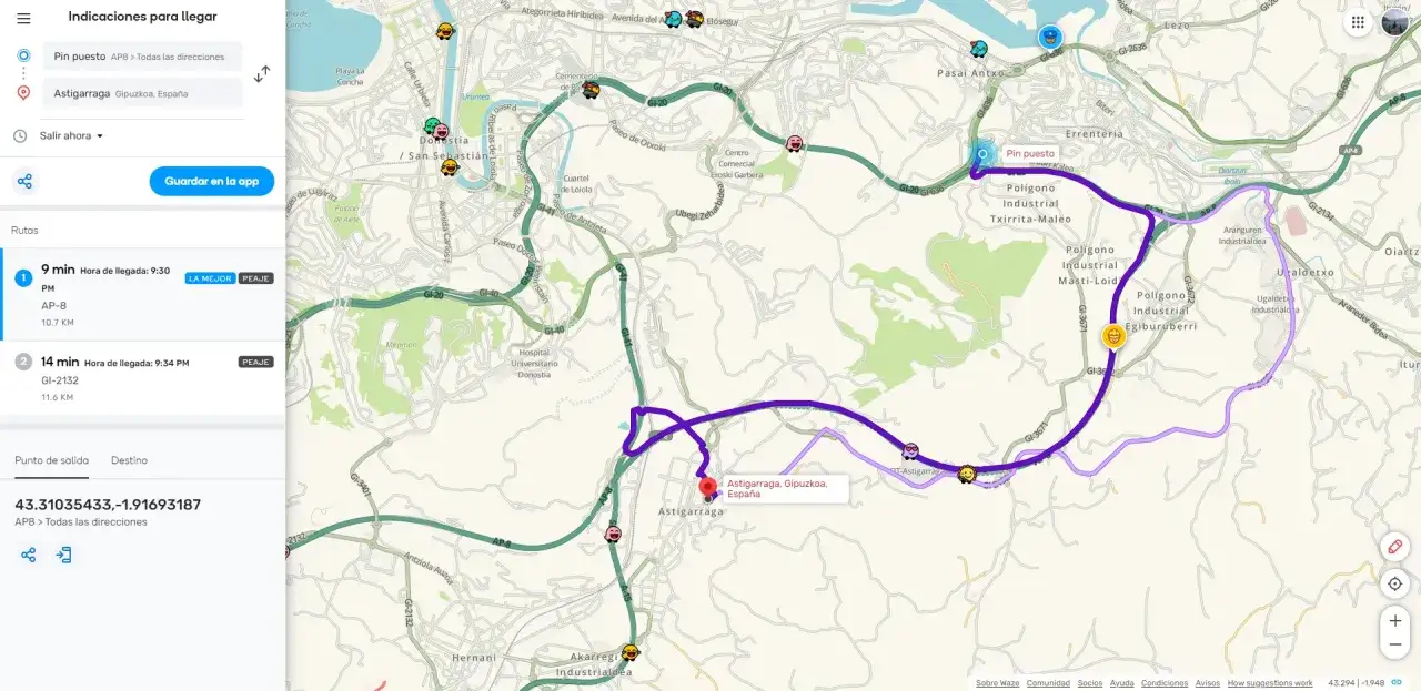 Ruta de peaje entre Astigarraga y Bilbao, con dos opciones de tiempo y distancia. La ruta m&aacute;s r&aacute;pida es por la AP-8.