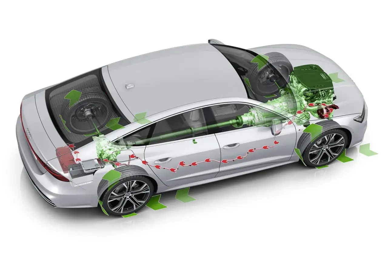 Diagrama de un coche h&iacute;brido mostrando su motor y transmisi&oacute;n. Ilustra cu&aacute;nto consume un coche h&iacute;brido, con flechas verdes indicando flujo de energ&iacute;a.