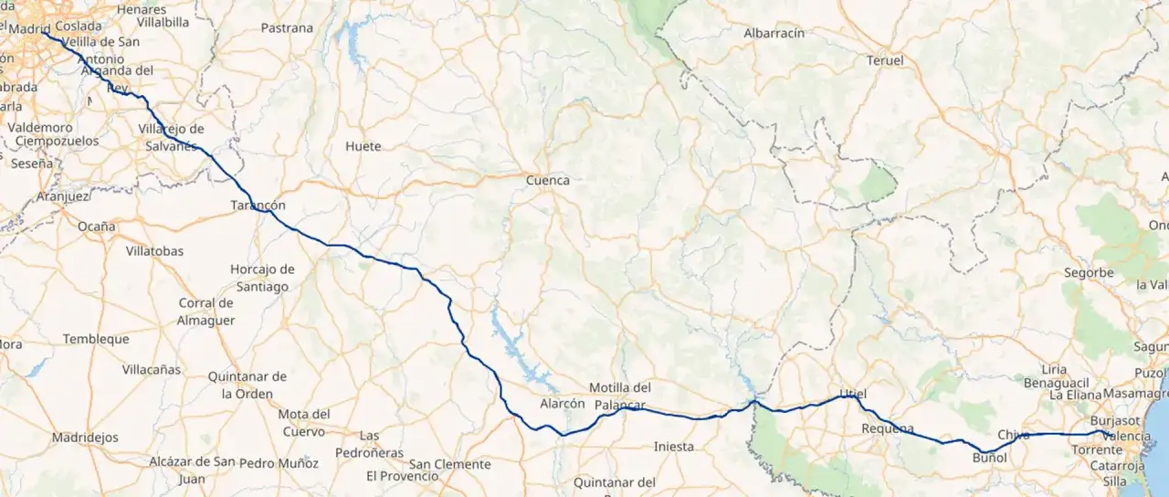 Ruta en mapa de la peaje A3 desde Madrid hasta Valencia, pasando por Cuenca y Requena.
