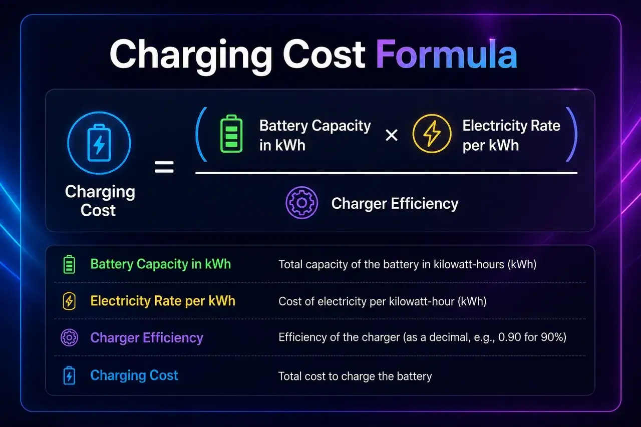 Fórmula para calcular cuanto cuesta cargar un coche eléctrico: Capacidad de batería x Tarifa eléctrica / Eficiencia del cargador.