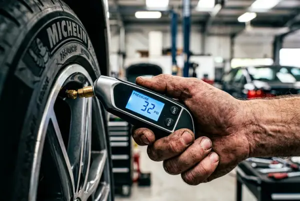 Mano revisa la presión ruedas delanteras coche con medidor digital. Muestra 32 PSI.